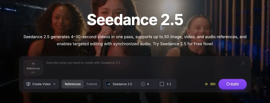 Empty Nuzza Seedance 2.5 workspace with the video composer, settings control, Credit quote, and Create button visible