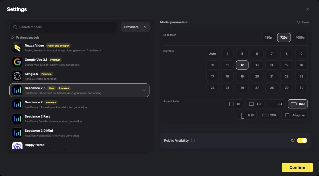 Nuzza generation settings with Seedance 2.5, 720p, 12 seconds, and 16:9 selected
