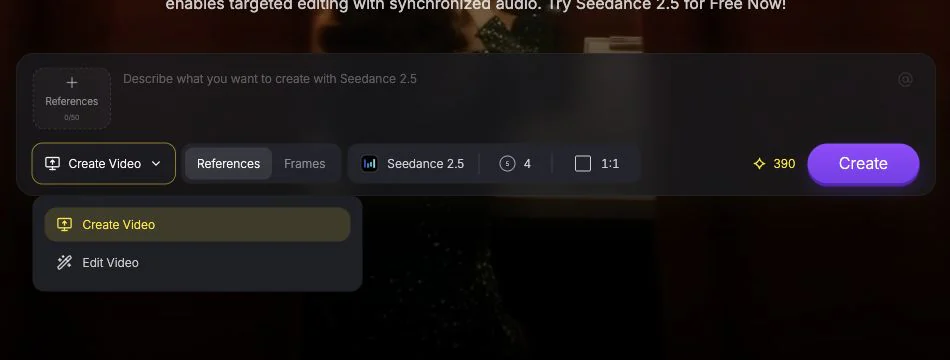 Nuzza Seedance 2.5 composer with the Create Video menu open and References and Frames controls visible