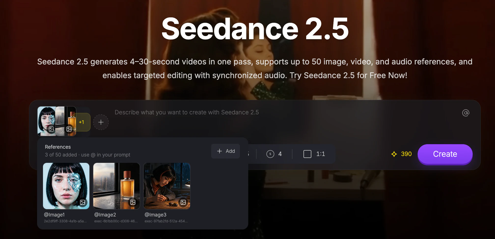 Nuzza Seedance 2.5 composer showing three attached image references and the References panel
