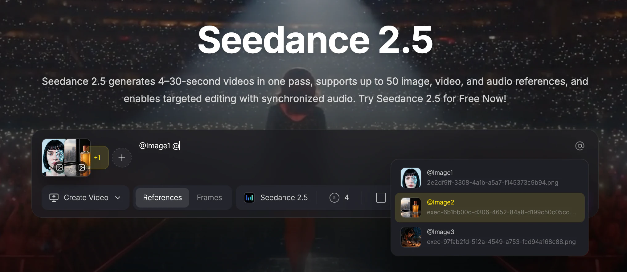 Nuzza Seedance 2.5 composer with the at-sign reference selector open while writing a prompt