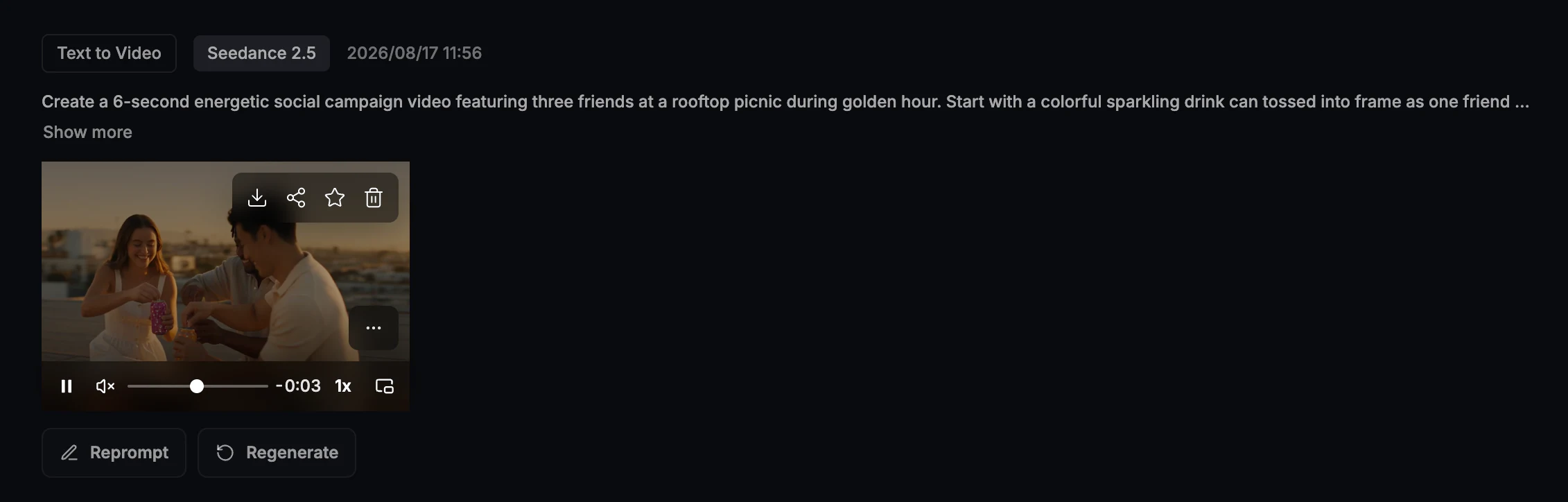Completed six-second Seedance 2.5 text-to-video task in Nuzza with prompt, video player, Reprompt, and Regenerate controls visible