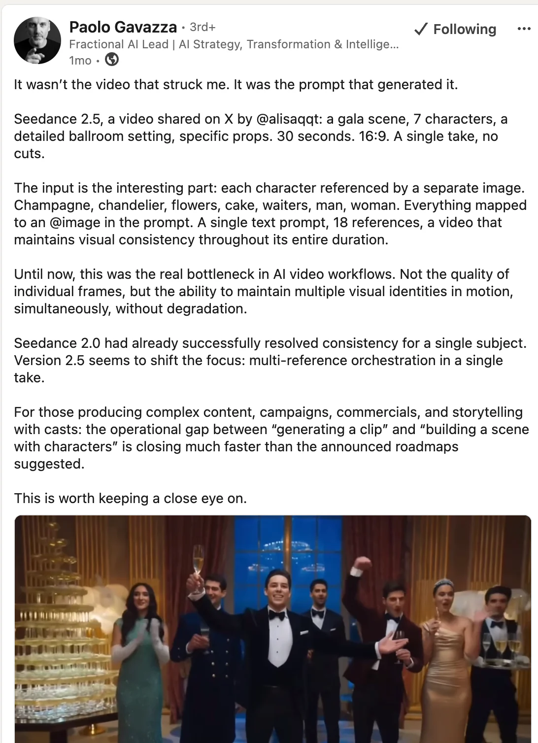 Paolo Gavazza's LinkedIn post describing a 30-second Seedance 2.5 gala scene made with 18 references