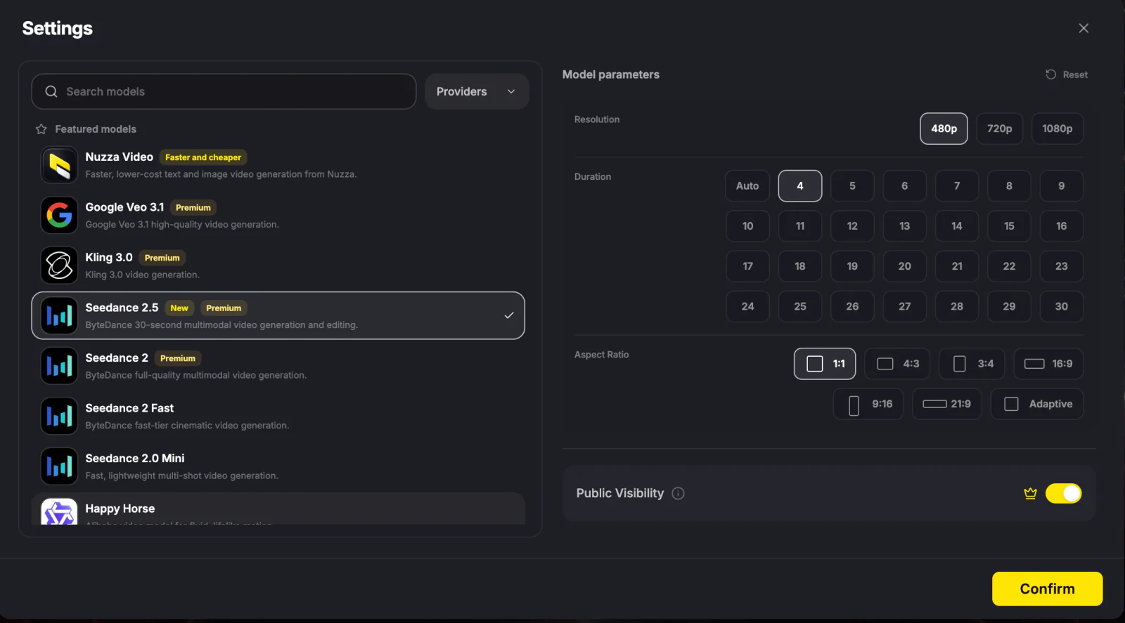 Nuzza settings with Seedance 2.5 selected and 480p, 720p, and 1080p resolution options visible