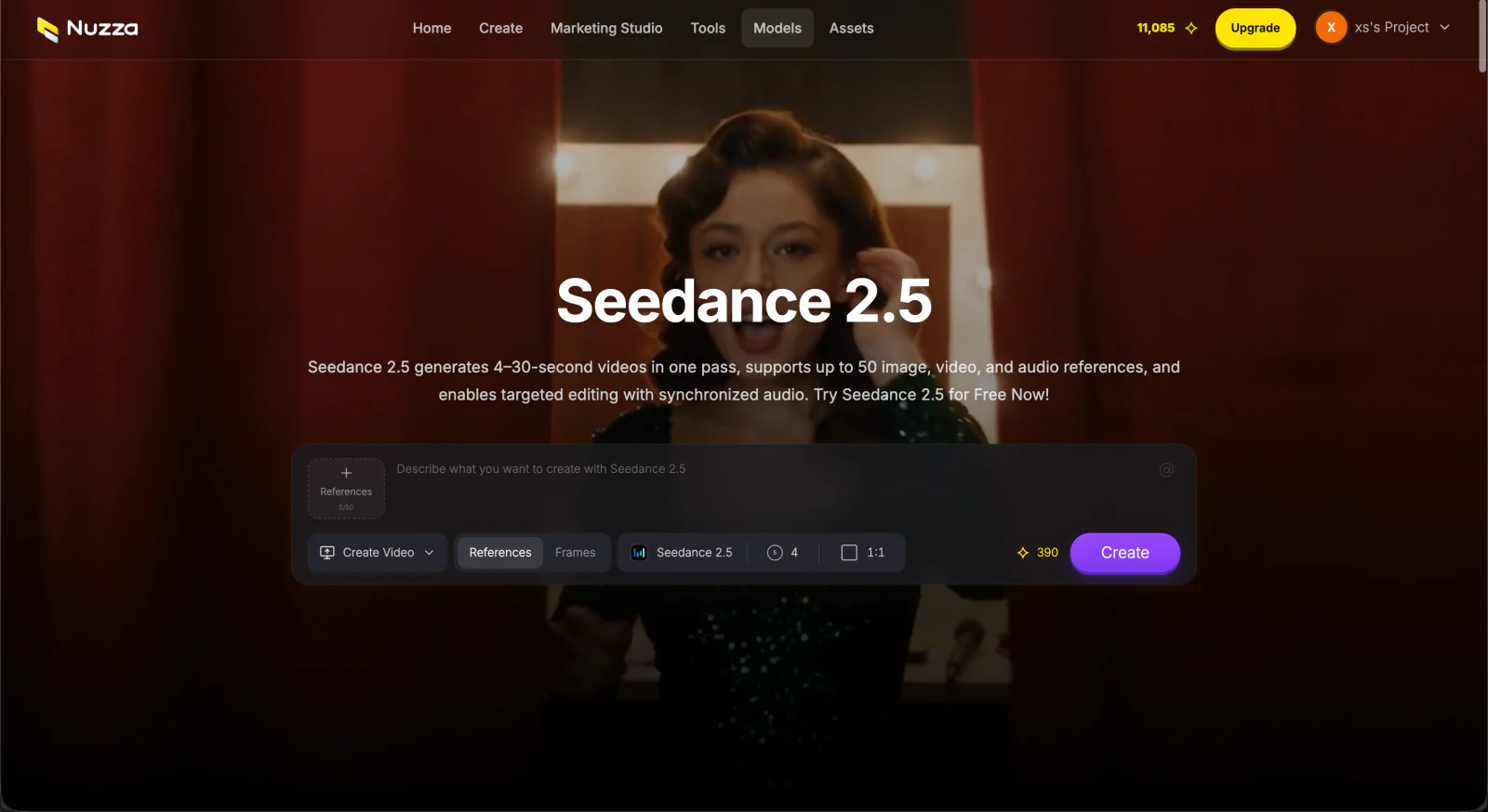 Nuzza Seedance 2.5 model page with its reference-led video creation workspace