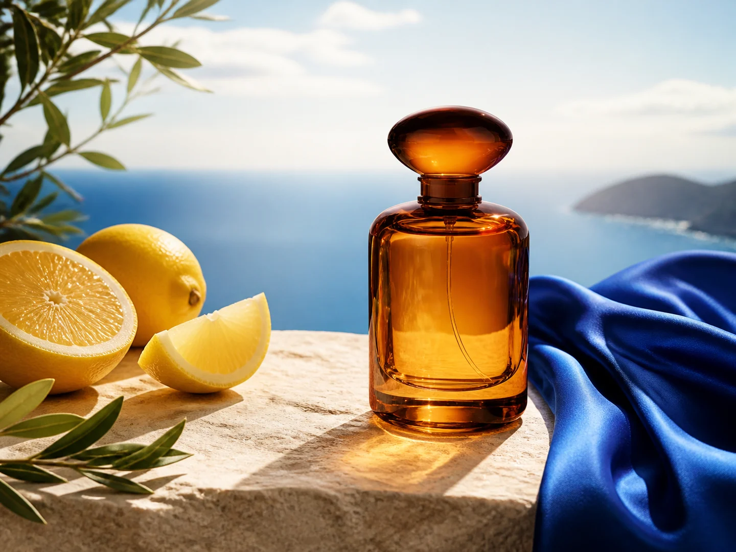 An amber fragrance bottle in a Mediterranean campaign image