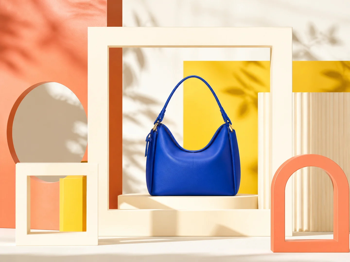An unbranded handbag composed within modular output frames