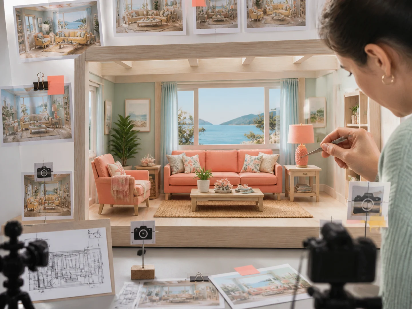 A designer changing one lamp in an otherwise fixed miniature set