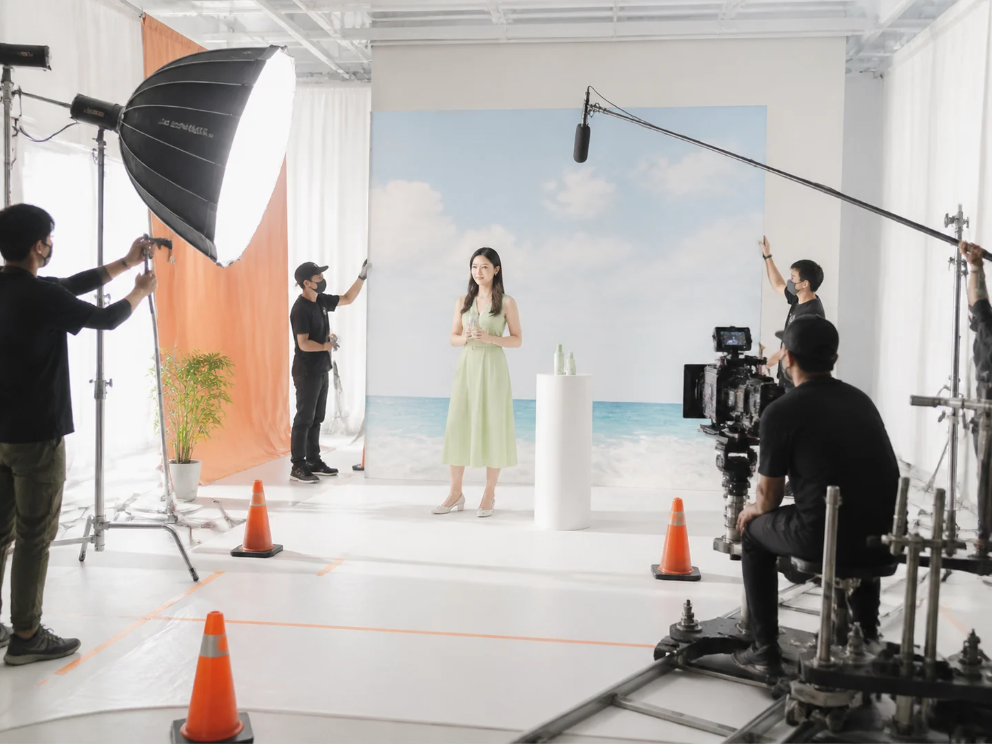 A production crew protecting the parts of a scene that already work
