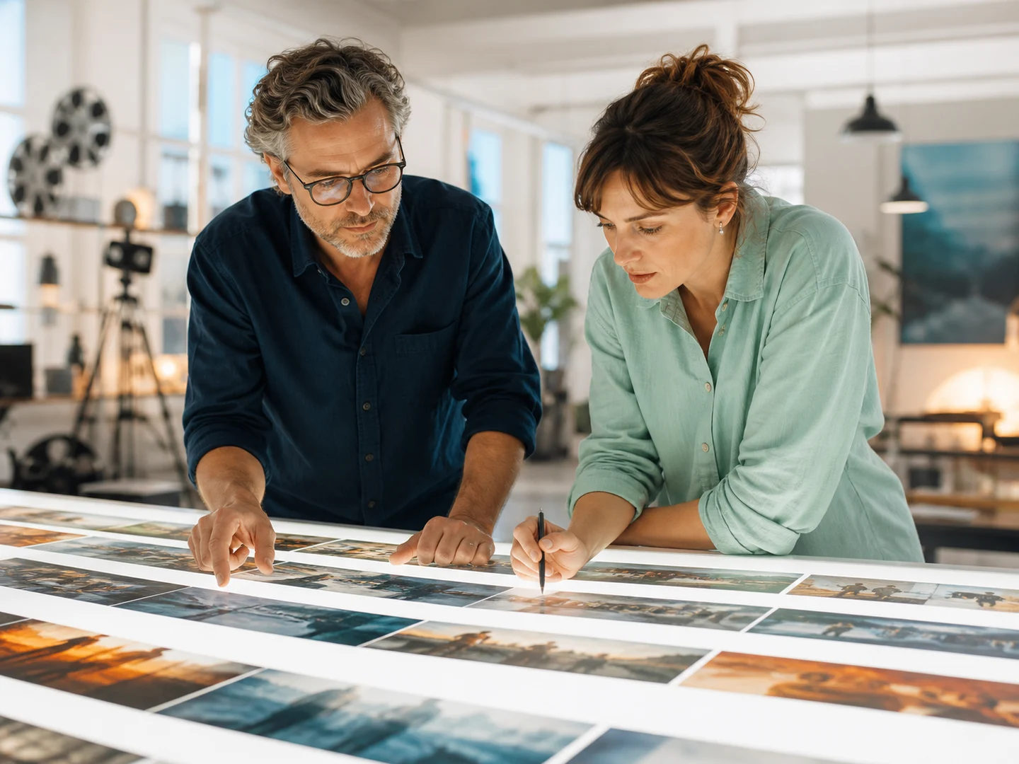 Editors reviewing a complete sequence of film stills