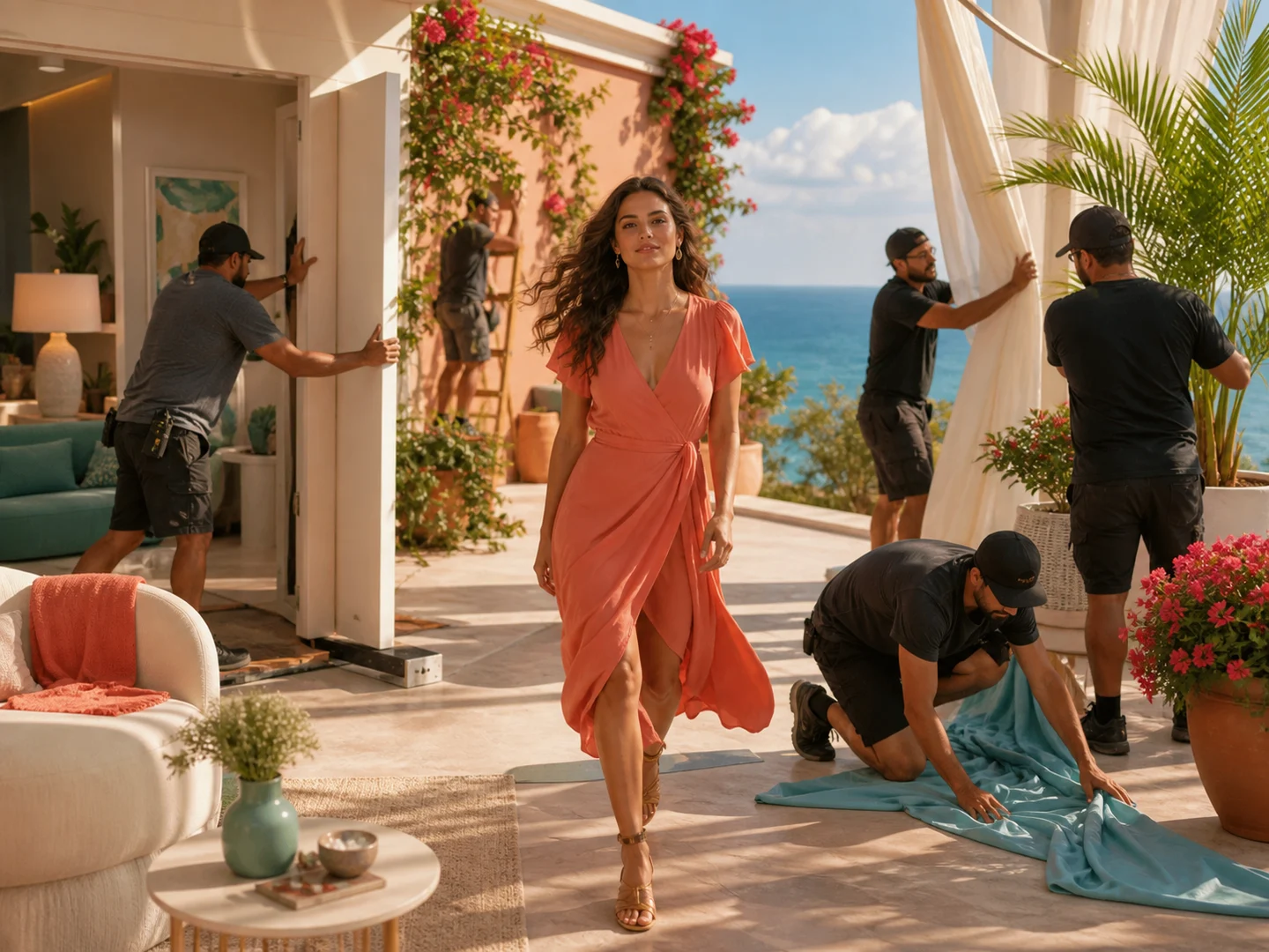 An actress walking through a complete practical scene transformation