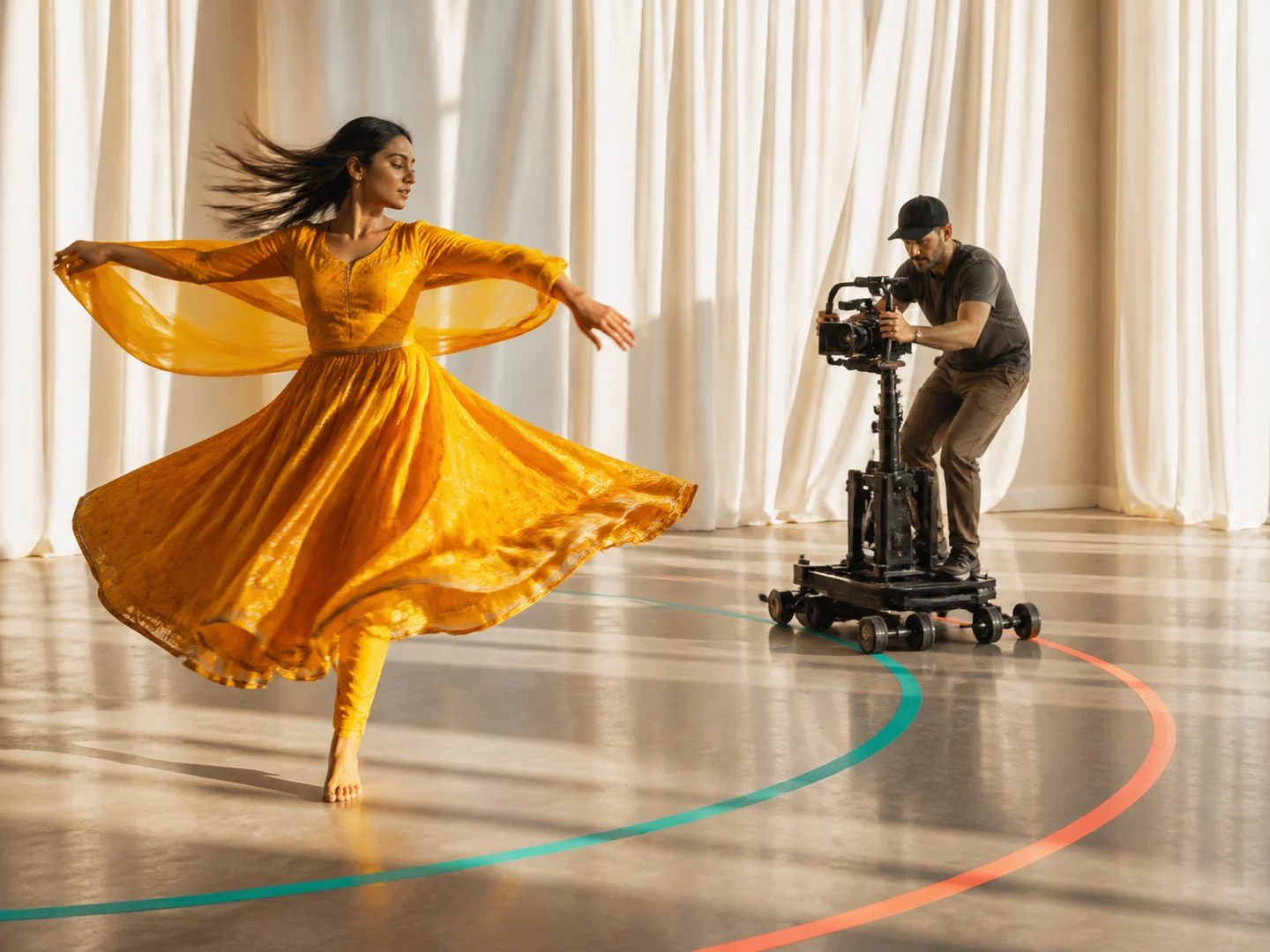 A dancer and camera operator rehearsing a reusable motion path