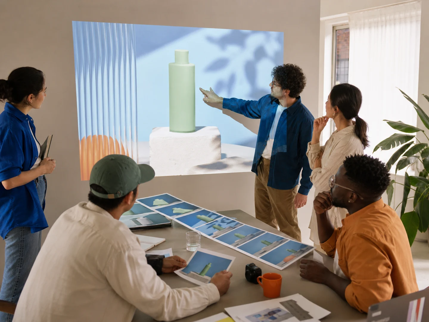 A film crew reviewing a generated product sequence