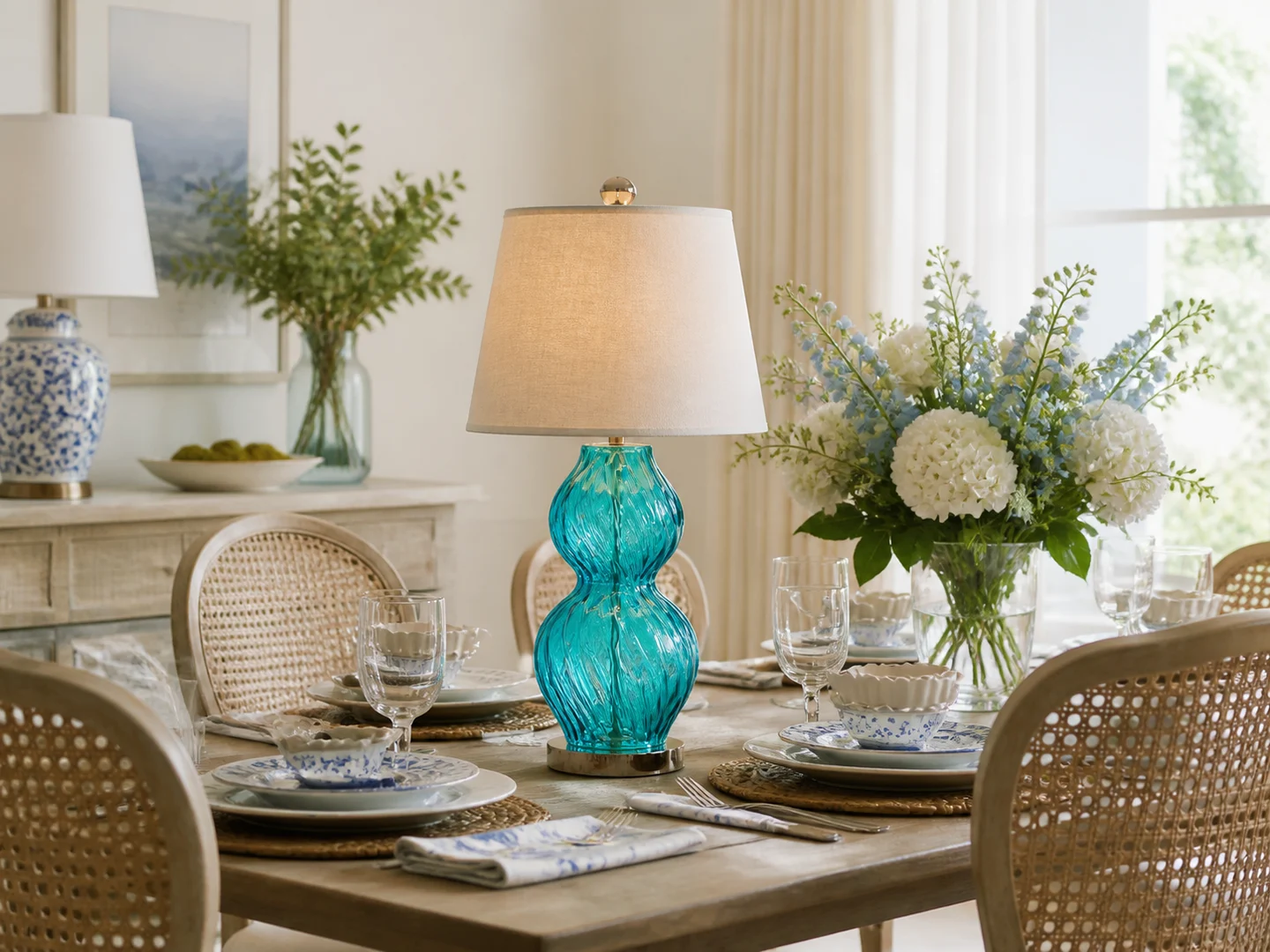 A turquoise glass lamp replacing one element in a stable dining room