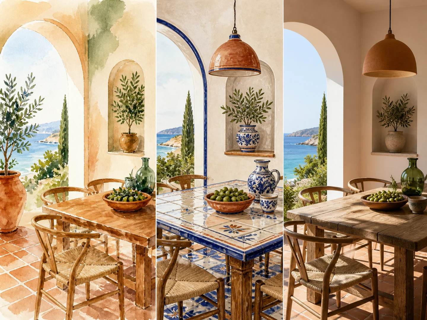 The same dining room restyled through several visual media