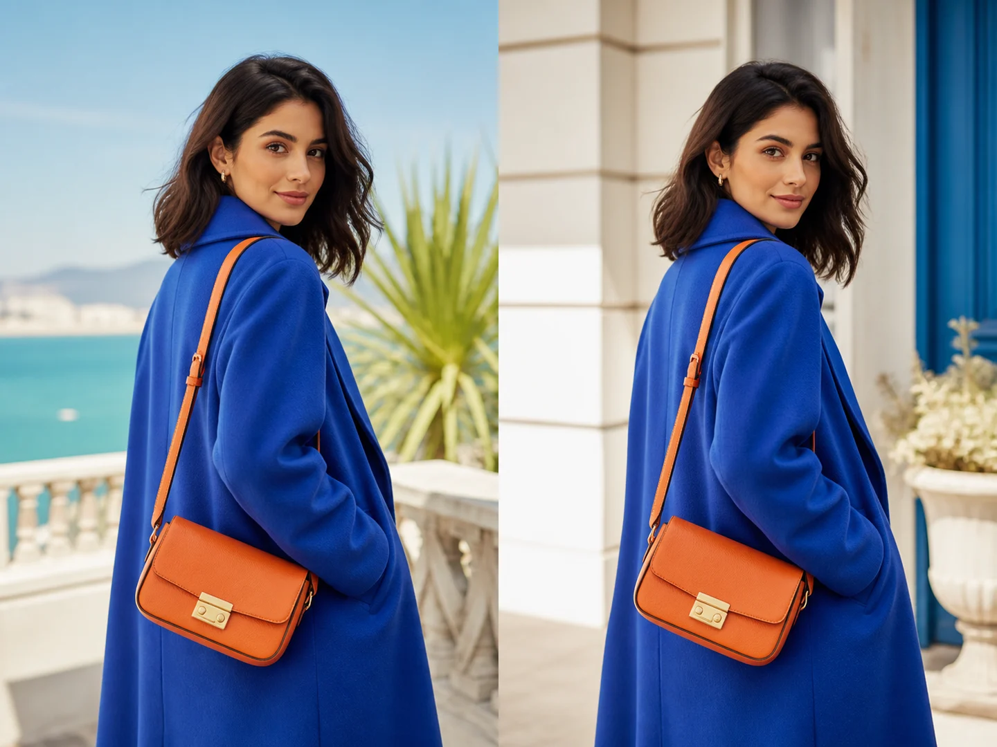 The same woman and orange bag preserved across environments