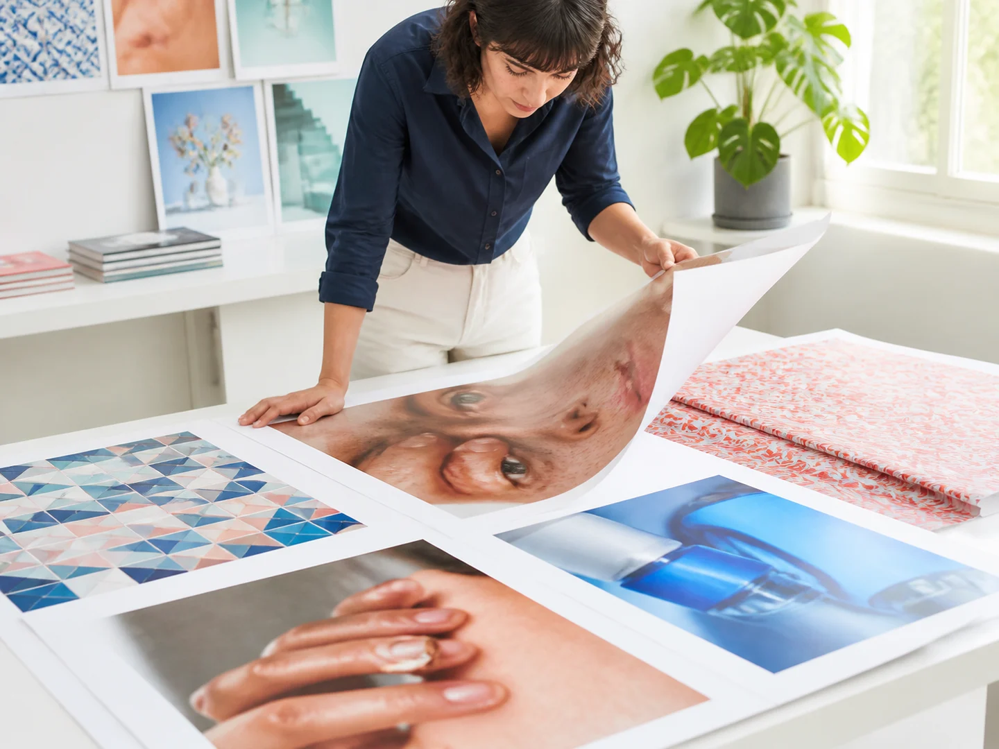 A designer reviewing reconstructed faces, hands, patterns, and edges