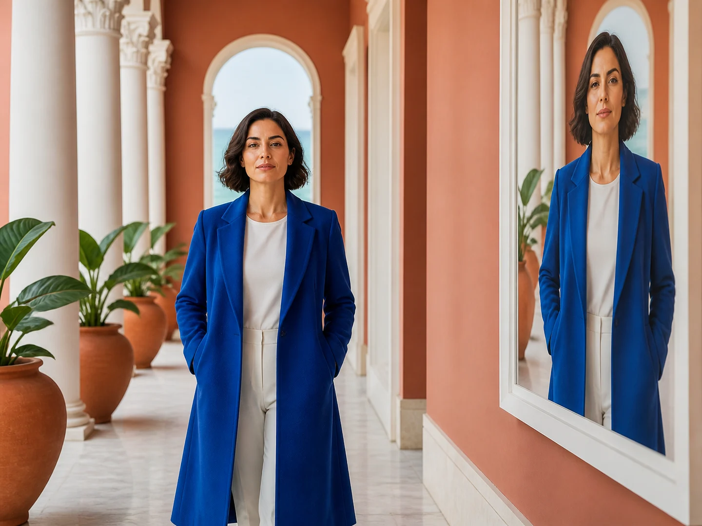The same woman preserved across a live scene and reflection