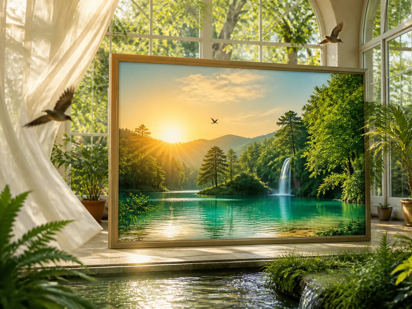 A framed landscape extending into a living scene