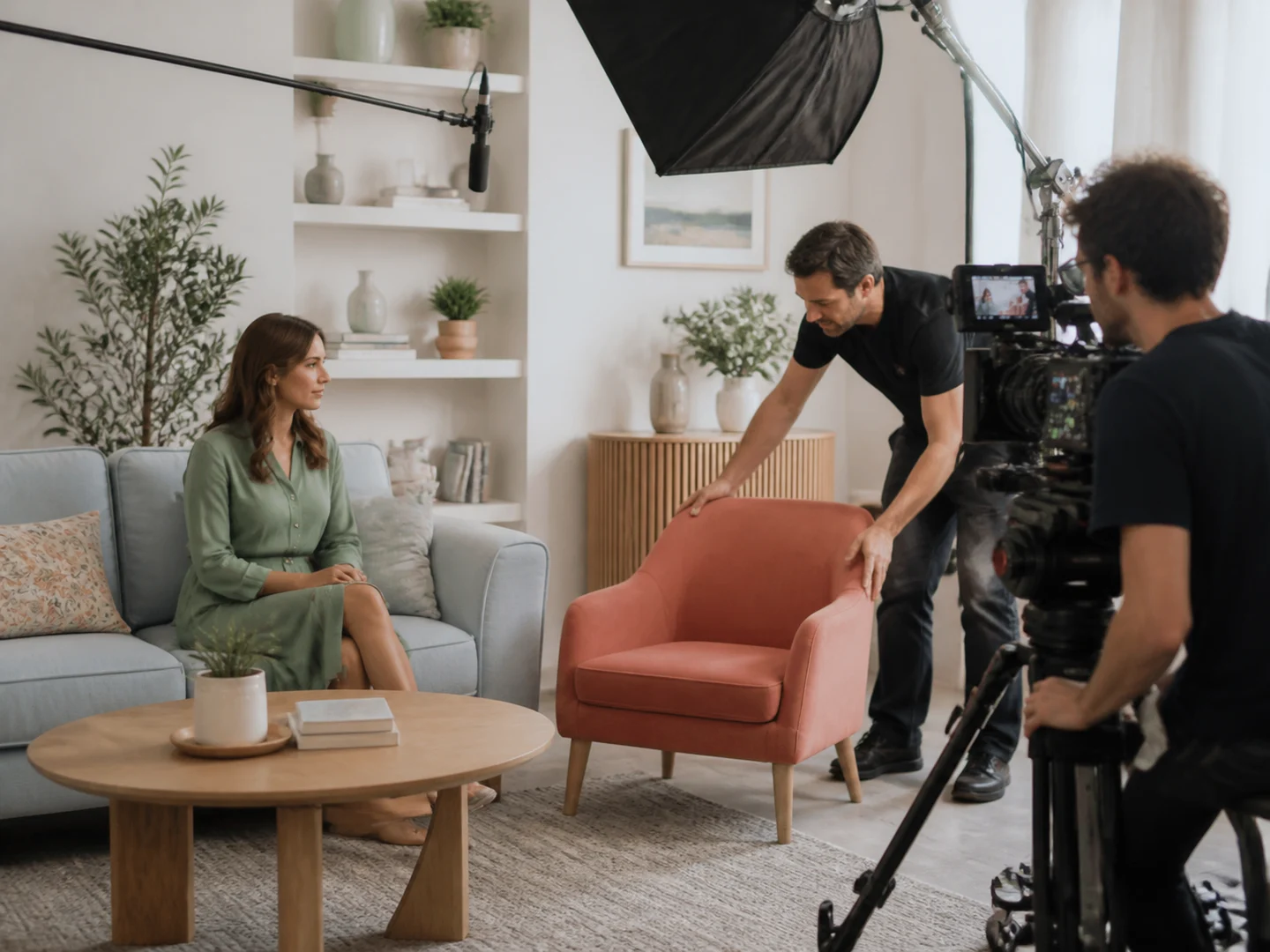 A film crew revising one chair in an unchanged scene