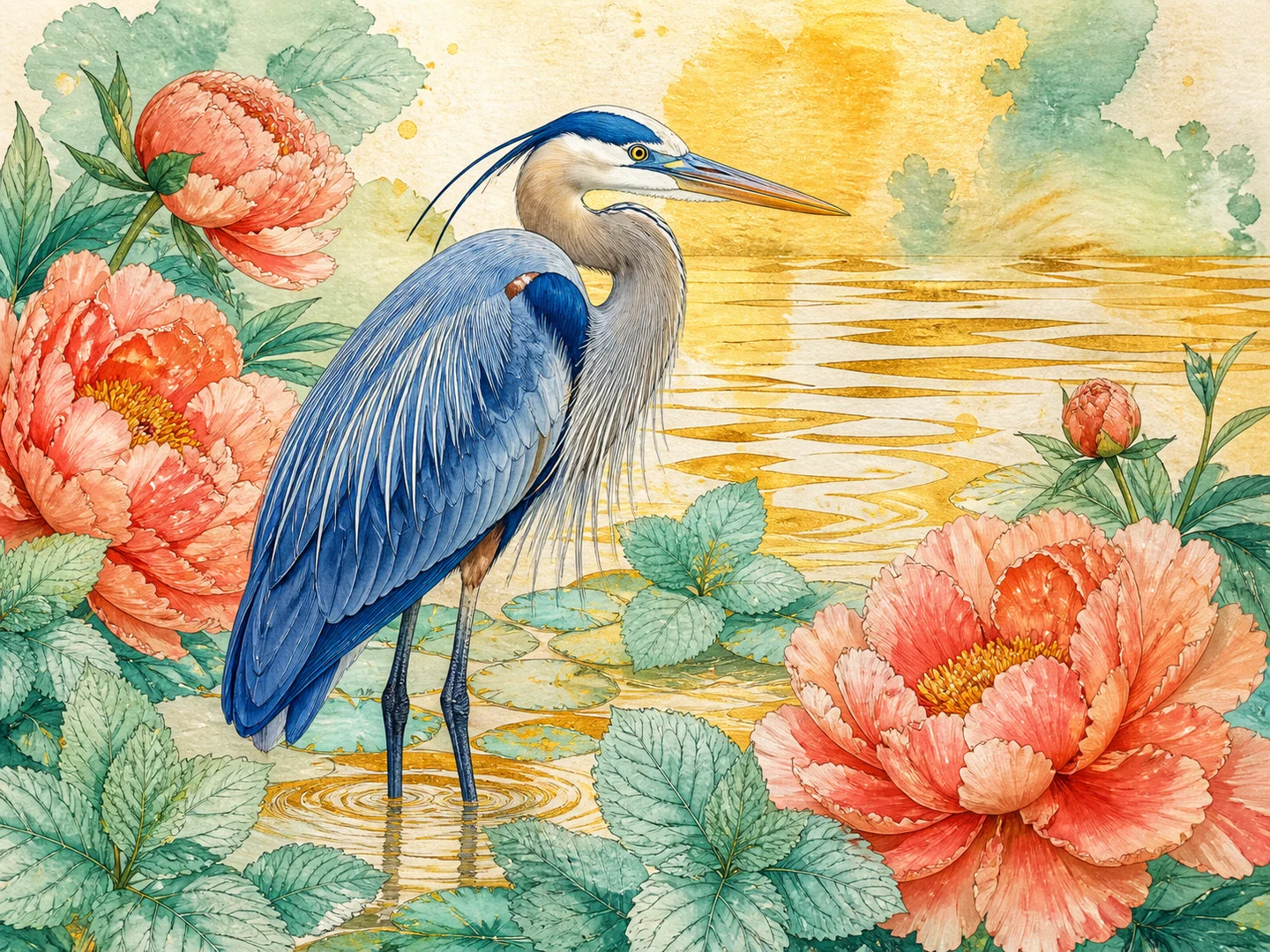 A watercolor heron among coral peonies