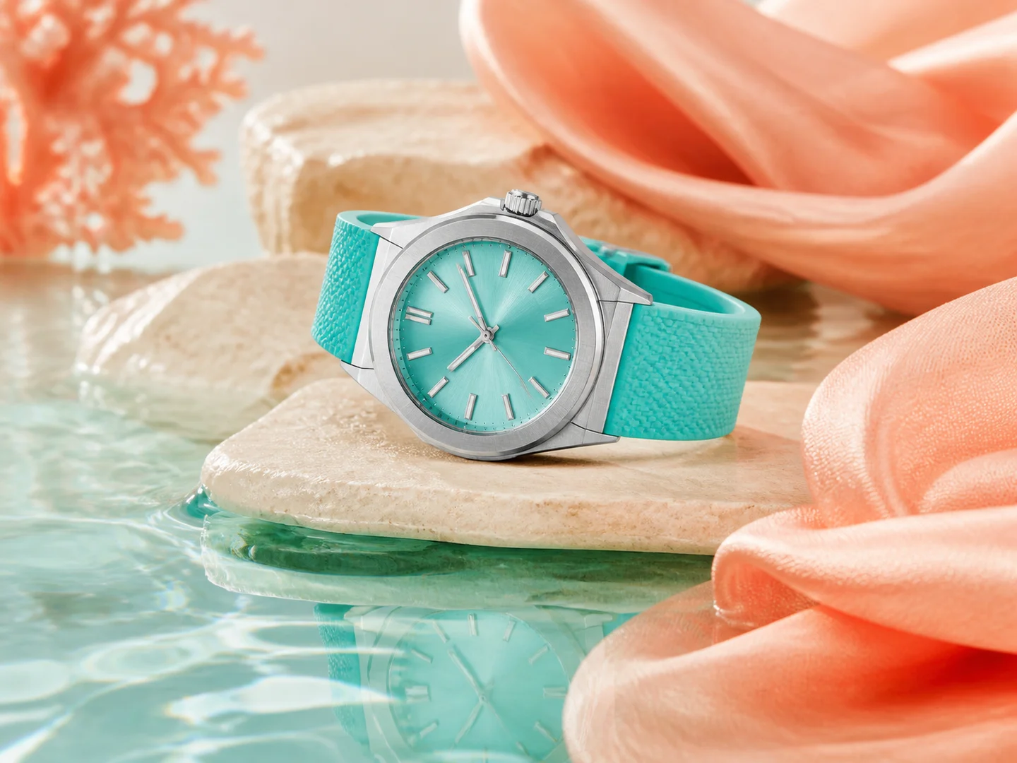A turquoise watch product concept on pale stone