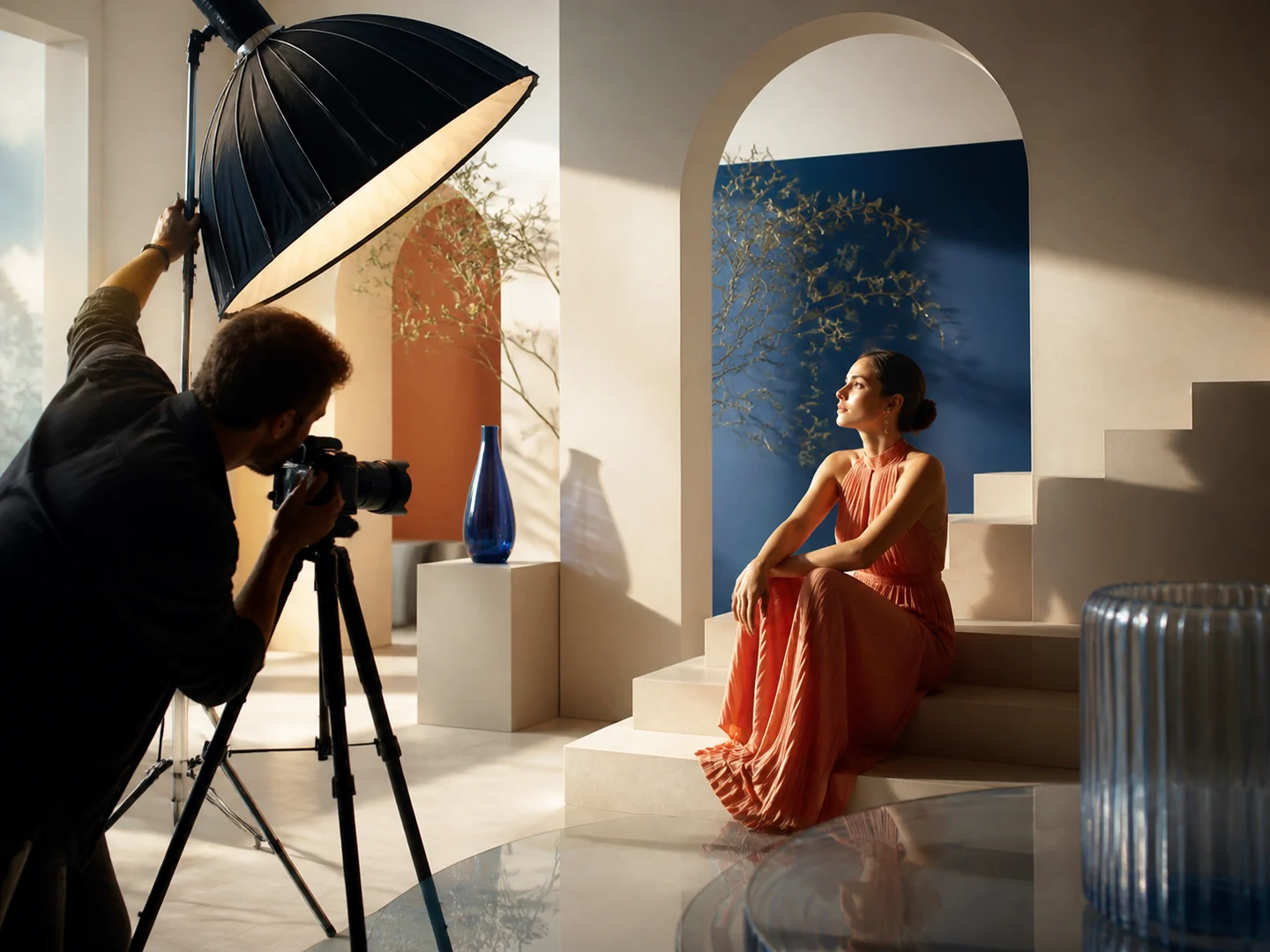 A photographer controlling composition and portrait lighting