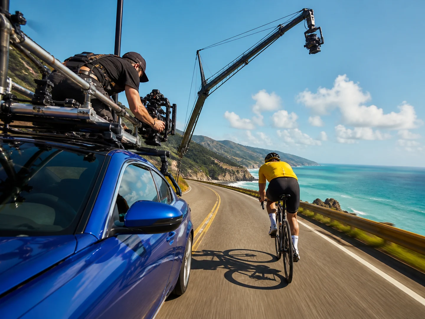 A camera vehicle filming a cyclist on a coastal road
