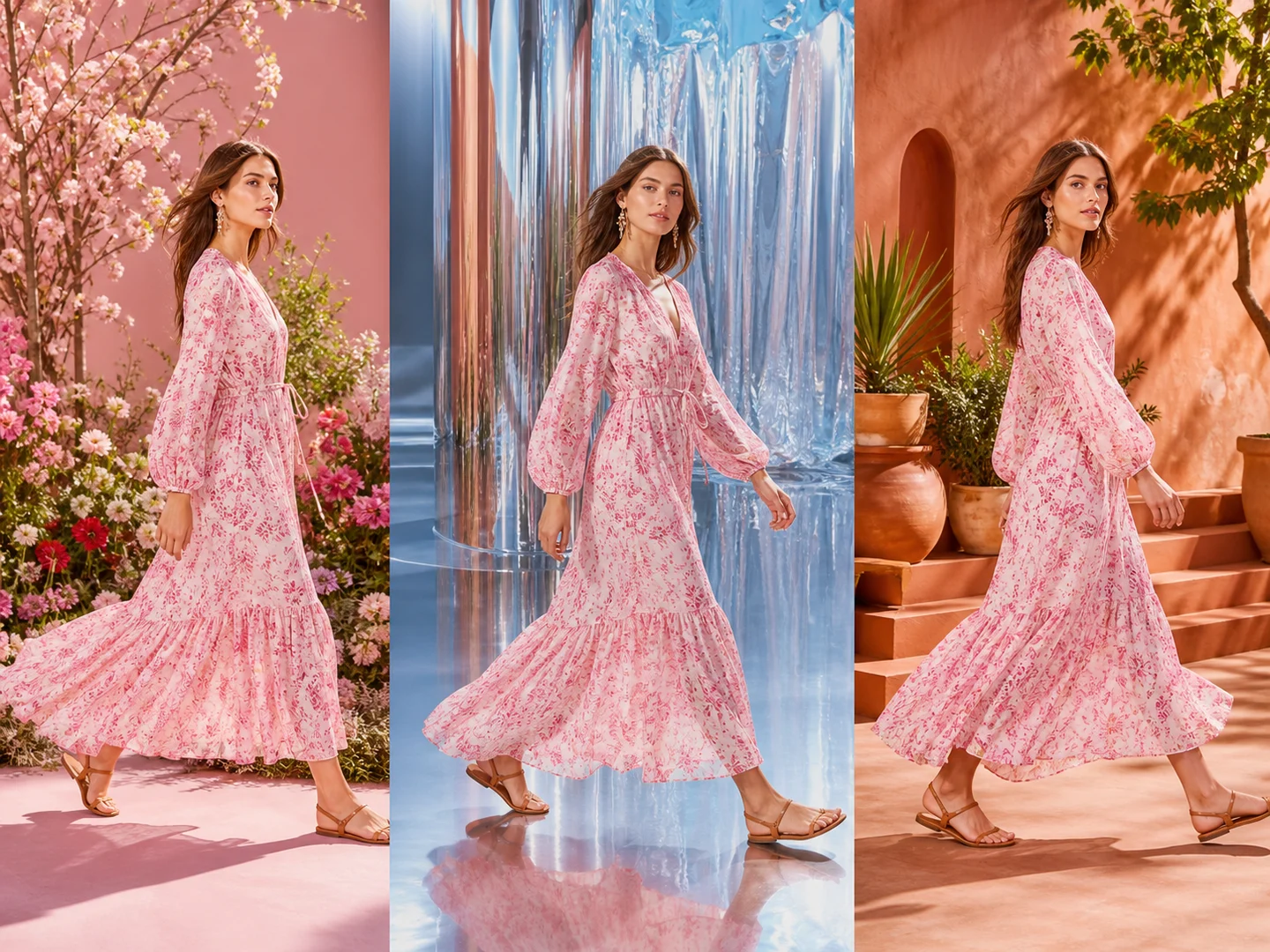 The same fashion subject across three creative sets