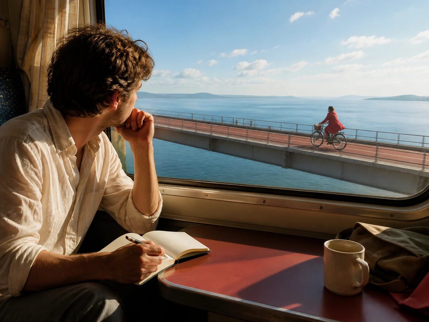 A writer imagining a moving coastal scene from a prompt